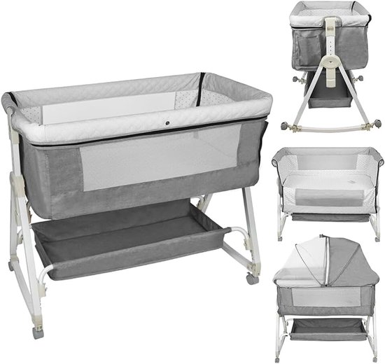 Homewell 2 in 1 Lit Cododo Bebe Pliable, Berceau Cododo 0-30 Mois, 6 Réglages de Hauteur, Berceau Bébé Mobile Lit d'Appoint, Grand Panier, Apportez UNE moustiquaire (grijs, 95 x 50 x (98-110) cm)