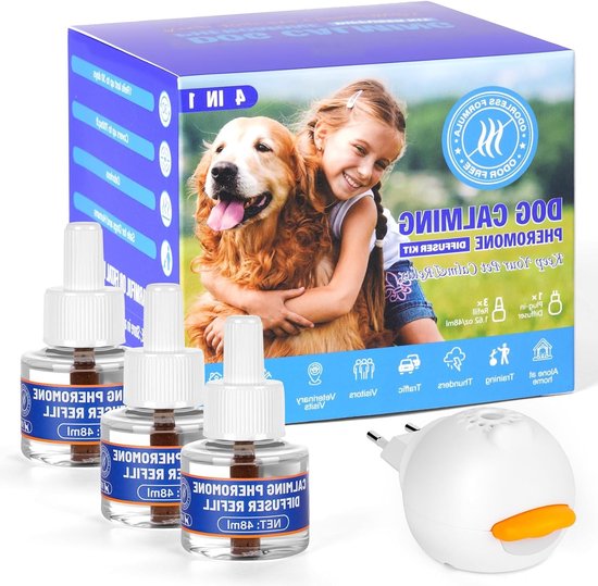 Hondendiffuser met Feromonen, 1 Diffuser en 3 x 48ml Navullingen, Helpt bij Ontspanning en Vermindering van Angst, Geschikt voor Alle Rassen gedurende 90 Dagen van Merkloos