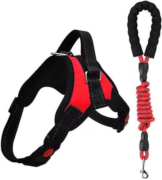 Hondenharnas, verstelbaar, comfortabele riem inbegrepen, voor kleine, middelgrote en grote honden, ideaal voor het trainen van wandelingen (rood, M)