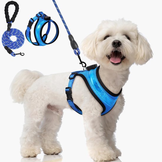 Hondentuigje met led-verlichting, 3 modi, oplaadbaar met 1,5 m riem, verstelbaar voor kleine tot grote honden, waterdicht, reflecterend voor nachtwandelingen (blauw-XS)