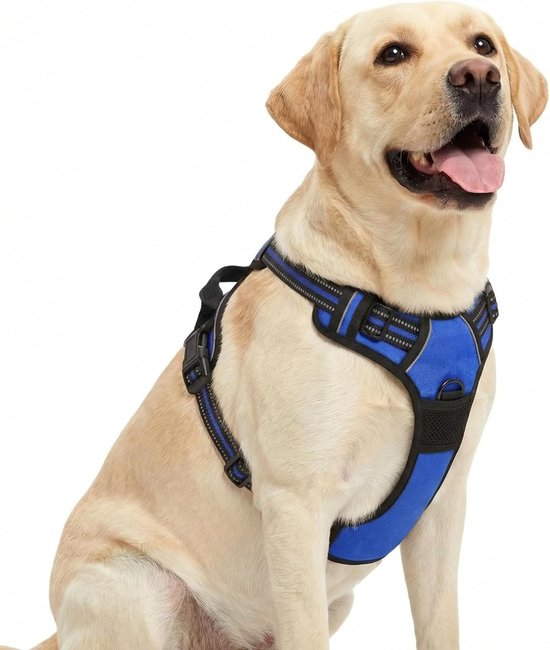 Hondentuigje voor grote honden, anti-trekharnas, verstelbaar borstharnas, anti-trektuigje met handgreep en reflecterende strepen, no-pull tuigje voor kleine, middelgrote en grote honden, blauw