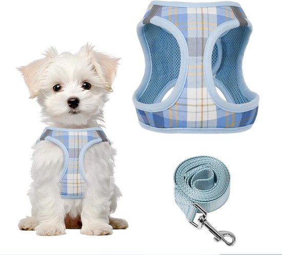 Hondentuigje voor kleine honden met riem, anti-trek, verstelbaar, zacht netweefsel, puppyharnas, reflecterend ruitpatroon, harnas voor chihuahua's, puppy's en katten, blauw, XS