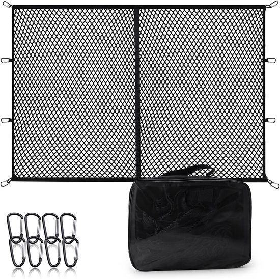 Hoogwaardige Elastische Bagagenet 120 x 120 cm, Rekbaar tot 210 x 210 cm, Ideaal voor SUV's, Vans en Bussen met 8 Stalen Carabiners