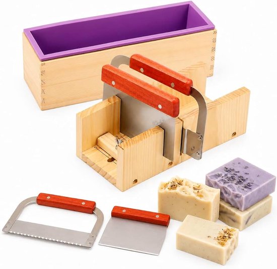 Hout, 5 stuks, 1,4 l, zeepvormen, verstelbare zeepsnijder met golfmes, roestvrij staal, recht mes, afdekking voor doe-het-zelf zeep, handwerk (5-delige zeepsnijderset, hout)