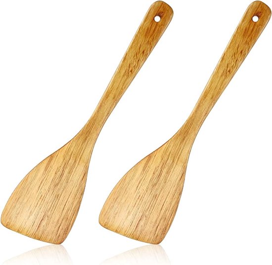 Hout, houten spatel om te koken, premium houten keukenspatel met lange handgreep van massief hout hardhout 33 cm, ideaal voor pannen/wok met antiaanbaklaag, verpakking van 2 stuks (33,2)
