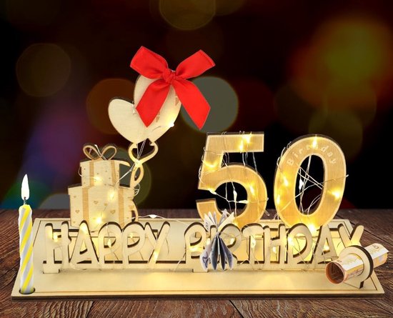 Houten bord gastenboek, gastenboek 50ste verjaardag decoratie, hout jubileum gastenboek cadeau met led-lichtketting en kandelaar, voor originele geschenken voor vrienden, familie van houten