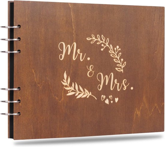 Houten Bruiloft Gastenboek Mr&Mrs Gastenboek Foto Memory Album met 80 zwarte pagina's voor huwelijksreceptie, jubileum, verjaardag (21cm)