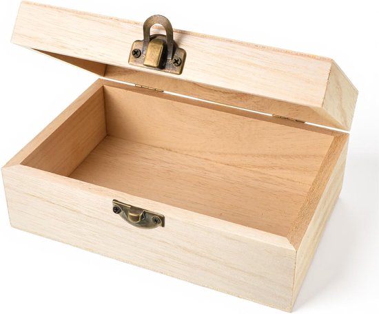 houten doos met klapdeksel, 15 x 10 x 6 cm. Onbehandelde houten kist kleine decoratieve grenenhouten doos met sluiting voor knutselen, bruiloften, doe-het-zelf sieraden, geschenken en