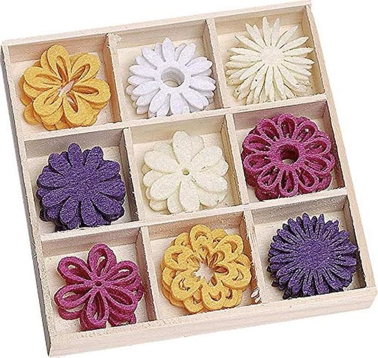Houten Doos met Vilt Ornamenten Fantasie Bloemen 22mm, Multi-Colour
