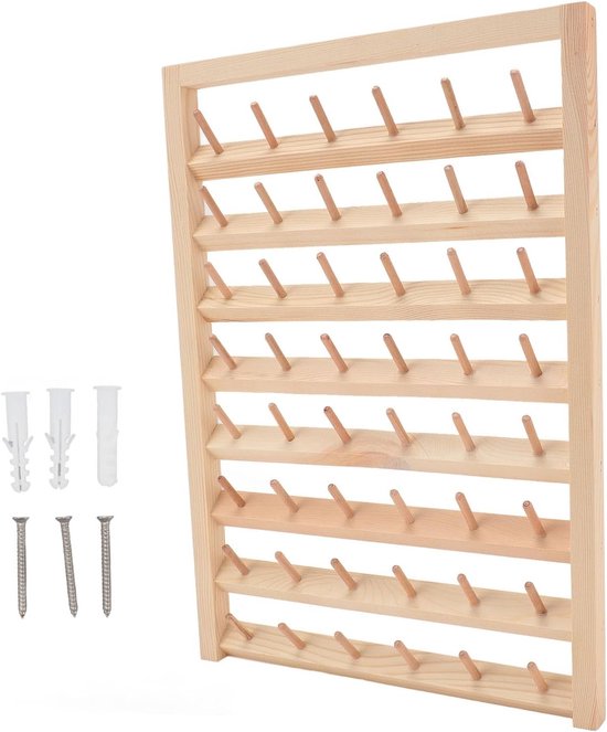 Houten Draadhouder met 48 Spoelen, Wandmontage Draadrek met Haakjes, Ideaal voor Borduren, Quilten en Creatief Handwerken van Merkloos