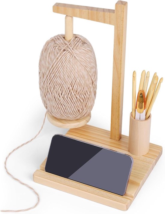 Houten Garnehouder met Magnetische Functie voor Breien en Haken, Inclusief Opbergruimte en Telefoonstandaard, Draaibare Wolbalhouder van Merkloos