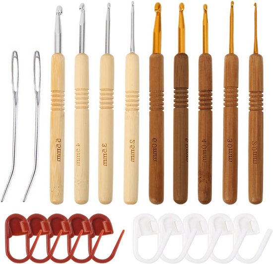 Houten Haaknaalden Set met 9 Maten, Inclusief Naalden en Stekenmarkeerders voor Beginners en Gevorderden