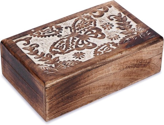 Houten Handgemaakte Sieradendoos met Vlinder Gravure - Decoratieve Opbergbox, Schatkist, Organizer voor Sieraden, Herinneringen, Uniek Cadeau, 20x13 cm