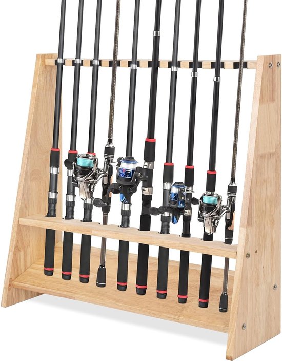 Houten hengelstandaard voor 10 hengels met montageaccessoires - 60 x 18 x 58 cm, duurzaam en praktisch