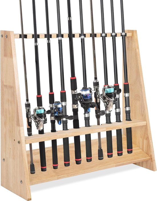 Houten hengelstandaard voor 10 hengels met montagemateriaal, afmetingen 60 x 18 x 58 cm, ideaal voor vissers en opslag