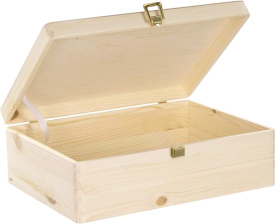 Houten kist met deksel en slot - 40x30x14cm, naturel, FSC® - Opbergdoos | Geheugenbox | Ambachtelijke en geschenkdoos