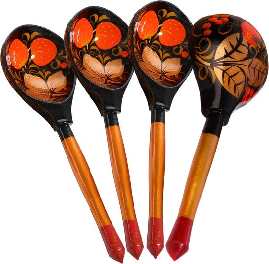 Houten Lepel Set - Keuken Decor - Serveren & Decoratie - Handgeschilderd Kunstwerk - 4-delige Set - Multicolor