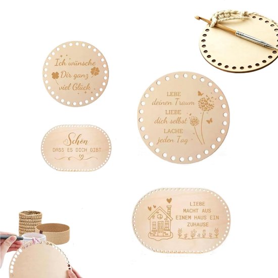 Houten mandbodems voor haken, set van 4 stuks, rond en ovaal met voorgeboorde gaten, perfect voor DIY manden en handtassen, opslagoplossingen en creatief knutselen