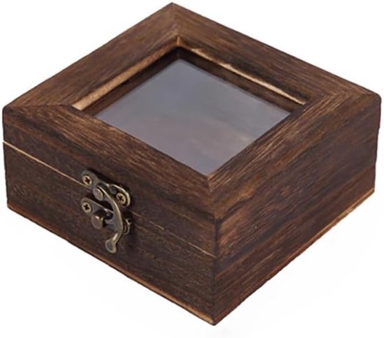Houten opbergdoos, 10 x 10 x 4,5 cm, met glazen deksel, metalen sluiting, kleur bruin, kleine decoratieve vitrine voor het opbergen van herinneringen, verzamelmonsters