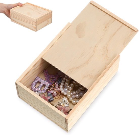 Houten opbergdoos met schuifdeksel, rechthoekig, natuur, 20 x 15 x