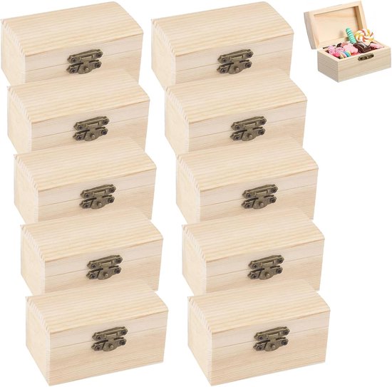 Houten schatkist, 10 stuks, mini houten schatkistje, sieradenkistje, "doe het zelf", kleine houten kist met deksel, geschikt voor opslag en