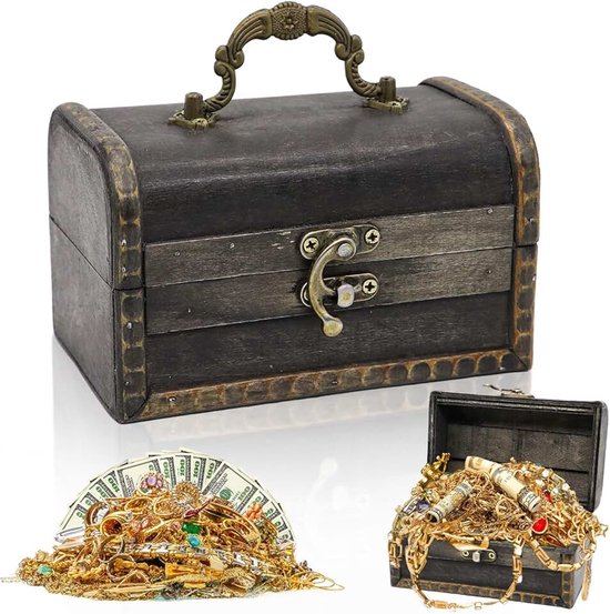 Houten schatkist 14 x 8,5 x 8,5 cm vintage houten kist | Piratenkist, schatkist, houten opslag voor sieraden, munten, decoratie, herinneringen (grijs-zwart)