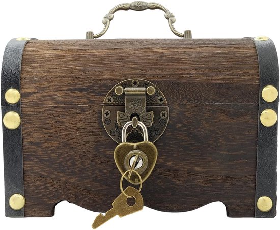 Houten Schatkist, Houten Kist Schatkist Vintage, voor Het Opbergen van Munten, Papiergeld, Ringen, Halskettingen, Sieraden (Diepzwart, met Hartslot)