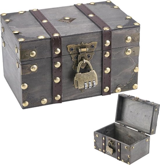 Houten Schatkist Met Cijferslot - Opbergkist, Kleine Piratenschatkist Voor Kinderen - Decoratie, Kinderverjaardag - 18 x 11,5 x 10,5 cm