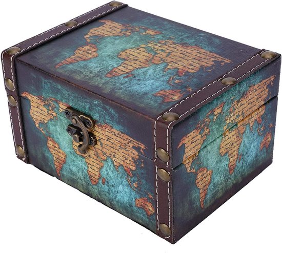 houten schatkist met kaart patroon sieraden aandenken snuisterij opbergdoos handgemaakte displaydozen fotografische prop decoratiedoos (kaartpatroon)