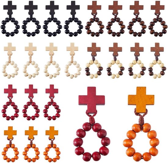Houten Vinger Rozenkrans Katholieke Vinger Rozenkrans Ring Pocket Rozenkransen Ring met Kruis Heilige Land Kralen Ringen voor Doop Gunsten Mannen Vrouwen Bruiloft Kerk Gift