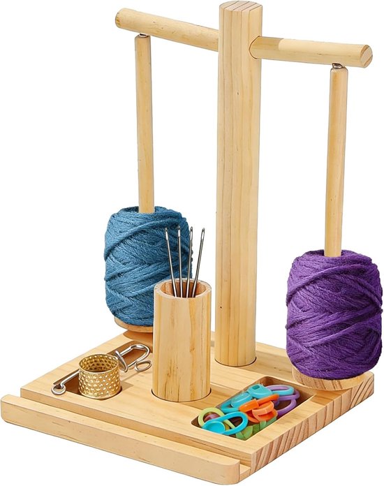 Houten Wolhouder voor Breien en Haken, Draaibare Woldispenser met Magnetische Functie, Inclusief Telefoonhouder en Naaldopslag, Perfect Cadeau voor Creatieve Handwerkers