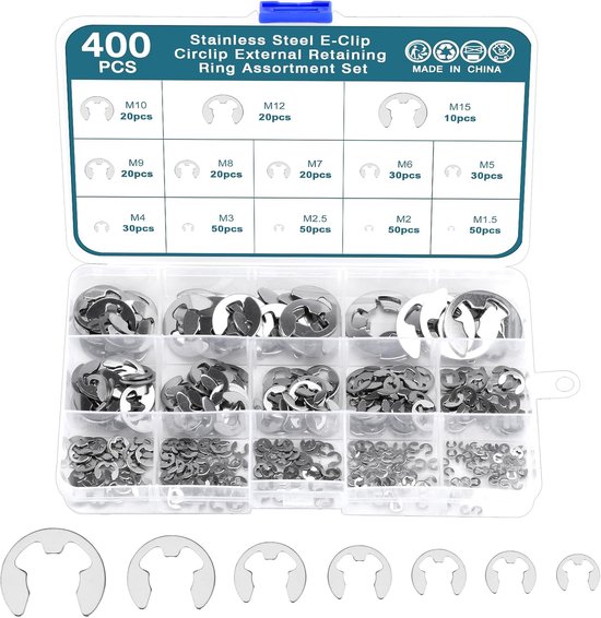 HSEAMALL 400pcs Circlips, Snap Rings C-Clips Set, Retaining Rings Circlips External Stainless Steel E Clips 1.5-15mm (13 sizes) for grooved shafts, pins, studs van HSEAMALL