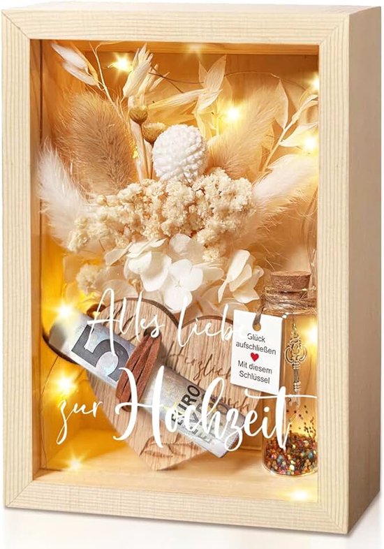 Huwelijkscadeaus voor bruidsparen, geldgeschenken voor de bruiloft, liefdesromantisch cadeau voor haar, inclusief eeuwige bloemen, houten doos, kunststof reageerbuis, lichtslingers