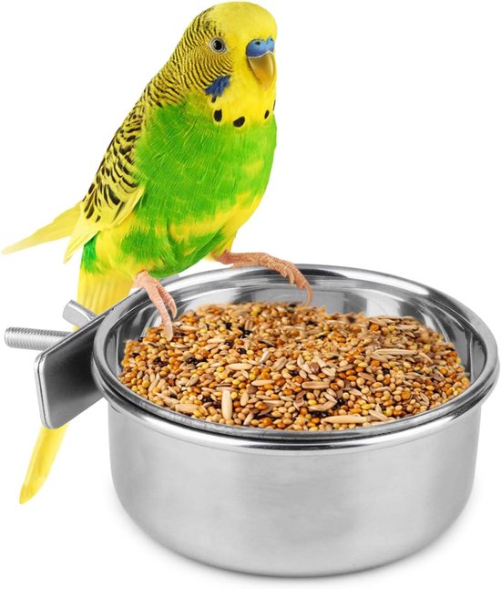 Hypeety huisdier vogel voedsel voeden en drinken opknoping beker klem houder roestvrij staal opknoping kom voor papegaai Macaw Afrikaanse grijzen Budgies Parakeet Cockatiels Conure Lovebirds Finch duif kooi