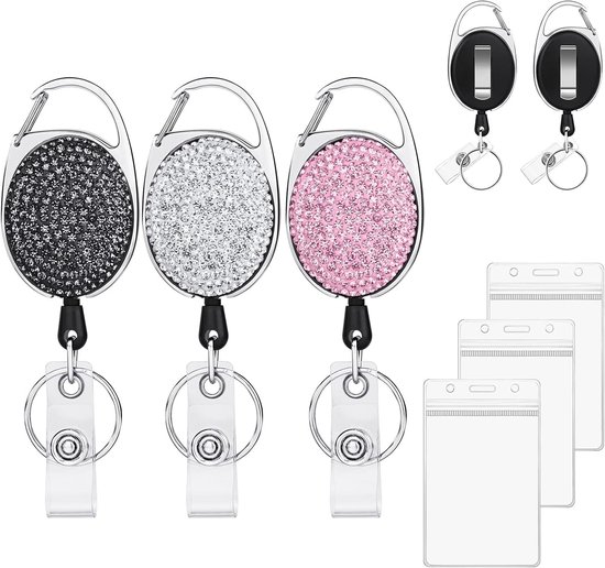 ID Badge Houder Set met 3 ID Kaart Houder en Lanyard, Retractable Badge Reel voor Kantoor, Onderwijs en Medisch Gebruik (Zwart, Wit, Roze)
