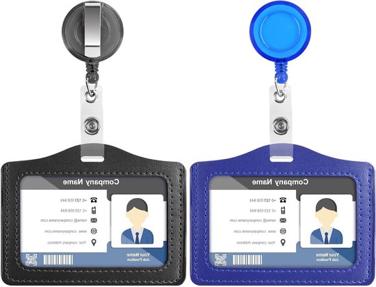 ID Badge Houder Set van 2 - Draagbare Plastic Naam Tag Houder met Uittrekbare Reel voor School en Werk - Zwart en Donkerblauw van Merkloos