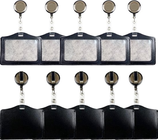 ID Badge Houder van PU Leer met Retractable Badge Reel en Clip - 10 Stuks Zwart, Perfect voor Sleutelkaarten en Identificatie