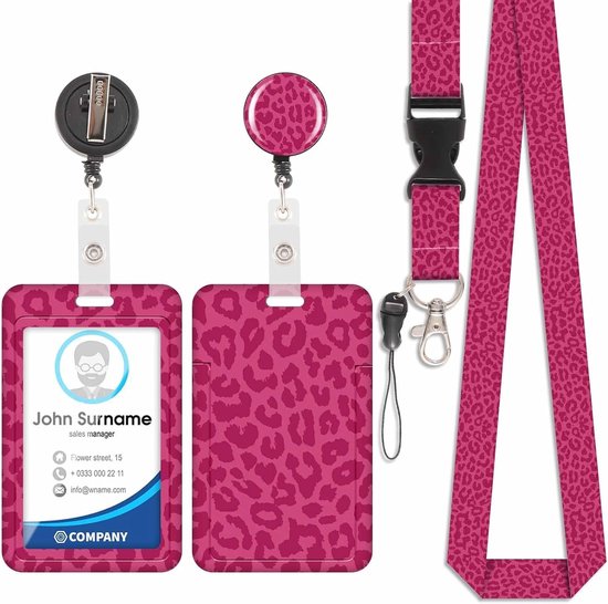 ID Kaart Houder met Nekkoord en Retractable Badge Reel, Verstelbare Lanyard en Draaihaak voor ID Badges in Leopardenprint Roze
