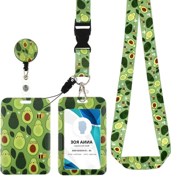 ID-kaarthouder met lanyard, uitschuifbare badge-reel clip, Duurzaam nekkoord voor kantoor, medewerkers en studenten - Avocadokleur, 557195_1-06-1