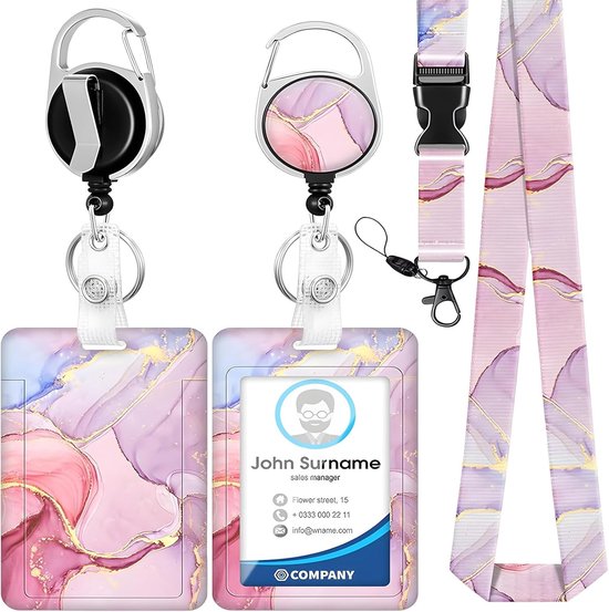 ID-kaarthouder met marmerdesign in roze, verticale clip met uittrekbare badge reel en afneembaar koord voor verpleegsters en kantoormedewerkers, ideaal voor identificatie en gemak