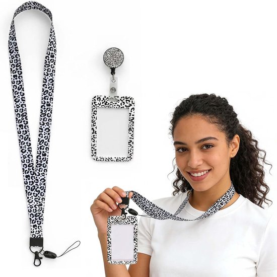 ID-kaarthouder met omhangkoord en intrekbare spoel, hard plastic met clip voor verpleegsters, leraren en studenten, trendy luipaardpatroon