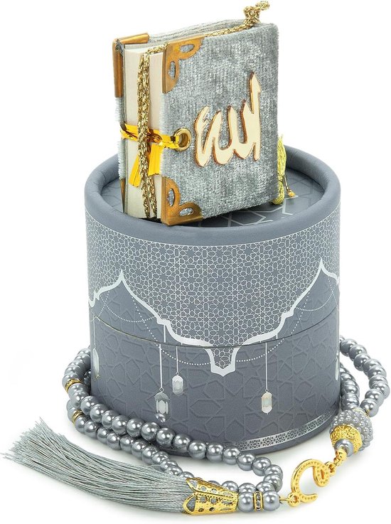 ihvan online, Islamitische gebedsgeschenkdoos, cilindrisch, met elegante mini-koran en Tesbih-gebedskralen, islamitisch cadeau voor Ramadan, Mawlid en Eid, grijs