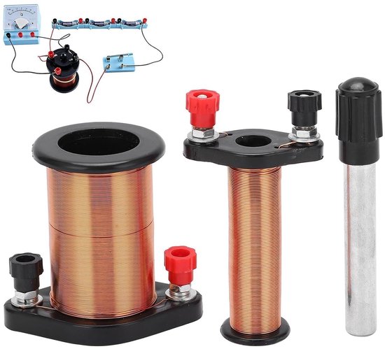 Inductiespoel voor natuurkundelessen, inclusief primaire en secundaire spoelen en cilindrische magneet voor demonstraties en experimenten