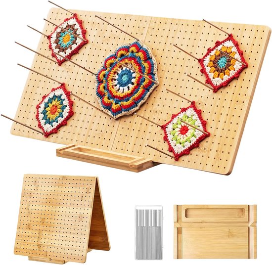 Inklapbaar haaknaaldenblok van bamboe, 58 x 29 cm, ideaal voor Granny Squares, inclusief 30 roestvrijstalen stiften en opbergdoos, perfect voor haken en breien.