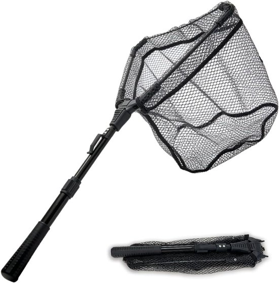 Inklapbaar Visnet - Schepnet Hengelsport - Veilig Vangen - Rubberen Fijnmazig Net - 90 cm Telescopisch - Zwart van Merkloos