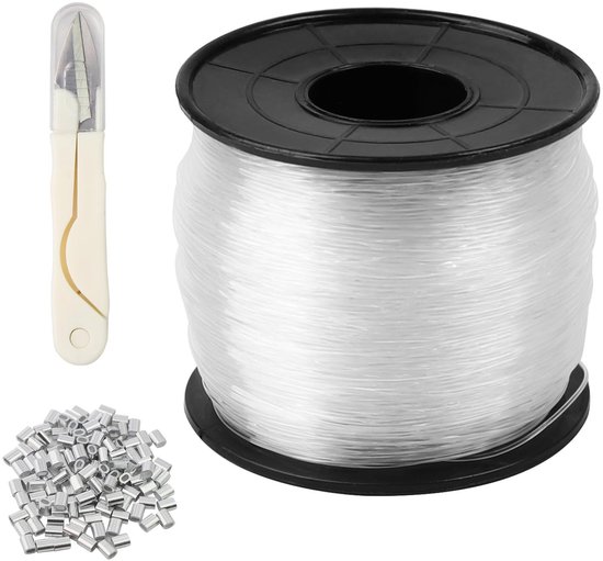 Inovra - Hengellijn, nylon koord met schaar, 0,6 mm x 200 m, transparant nylondraad, scheurvast, onzichtbaar sterk nylon koord om op te hangen, transparant monofilament vislijn voor sieraden, knutselen