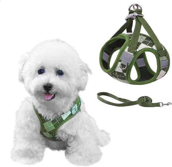 Instaptuigje voor Kleine Honden, Trekt Niet, Puppytuigje, Verstelbaar, Reflecterend Geruit, Gemakkelijk Lopen, Lichtgewicht, Zacht Mesh Huisdiertuigje, Tuigjes met Riem voor Puppies, Kleine