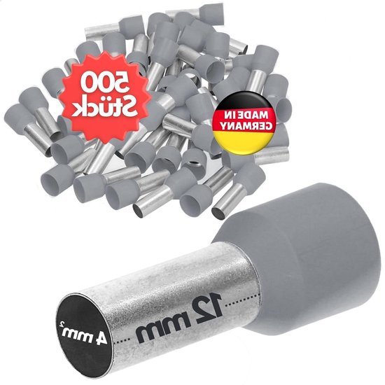 Insulated Cord-End Ferrules 4.0 mm² 12 mm Long Grey Pack of 500 - Industrial Quality - Made in Germany van Merkloos