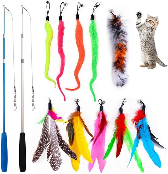 Interactief speeltje voor katten met 12 veertjes, 2 wands en 10 vervangbare veren voor uren speelplezier