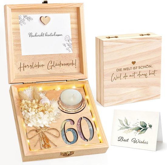 Inyeskon Geldgeschenken Verjaardag 60, Creatief Geldgeschenk in Houten Verpakking Geschenkdoos met Droogbloemen, Holzliebe Magneet en Wenskaart voor Verjaardag Vrouw Man